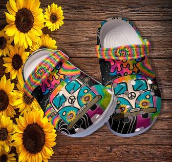 Hippie Only Bus Peace Croc Shoes Gift Aunt- Peace Love Hippie Rainbow Shoes Croc Clogs - Monsterry