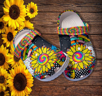 Hippie Only Rainbow Sunflower Clog Shoes Gift Niece- Peace Love Hippie Rainbow Shoes Clog Clogs Gift Birthday - Monsterry