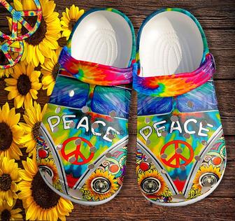 Hippie Peace Bus Sunflower Croc Shoes- Rainbow Sunflower Peace Symbol Shoes Croc Clogs Gift Birthday Girl - Monsterry DE
