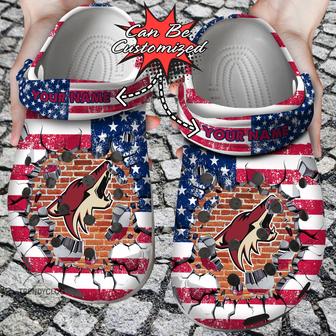 Hockey Personalized Acoyotes American Flag Breaking Wall Clog Shoes - Monsterry