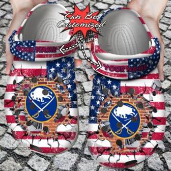 Hockey Personalized Bsabres American Flag Breaking Wall Clog Shoes - Monsterry