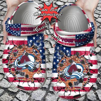 Hockey Personalized Cavalanche American Flag Breaking Wall Clog Shoes - Monsterry