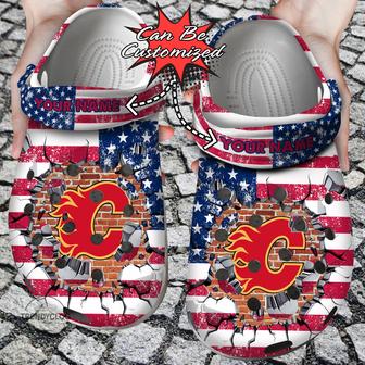 Hockey Personalized Cflames American Flag Breaking Wall Clog Shoes - Monsterry