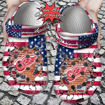 Hockey Personalized Dred Wings American Flag Breaking Wall Clog Shoes - Monsterry