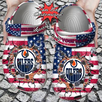 Hockey Personalized Eoilers American Flag Breaking Wall Clog Shoes - Monsterry