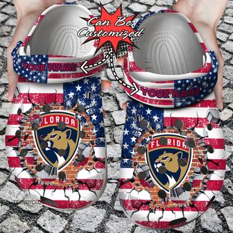 Hockey Personalized Fpanthers American Flag Breaking Wall Clog Shoes - Monsterry