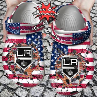 Hockey Personalized La Kings American Flag Breaking Wall Clog Shoes - Monsterry