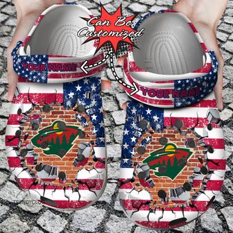 Hockey Personalized Mwild American Flag Breaking Wall Clog Shoes - Monsterry