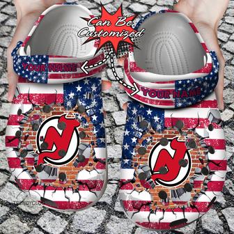 Hockey Personalized Nj Devils American Flag Breaking Wall Clog Shoes - Monsterry