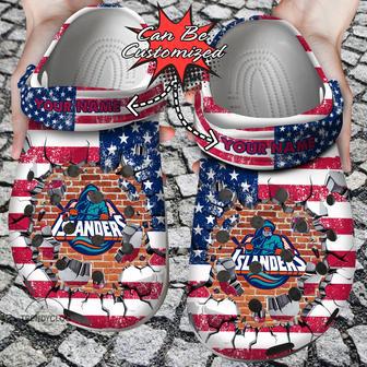 Hockey Personalized Ny Islanders American Flag Breaking Wall Clog Shoes | Favorety