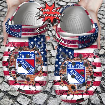 Hockey Personalized Ny Rangers American Flag Breaking Wall Clog Shoes - Monsterry AU