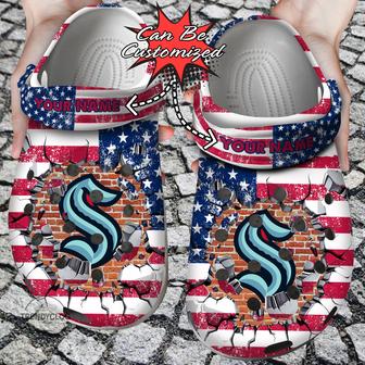 Hockey Personalized Skraken American Flag Breaking Wall Clog Shoes - Monsterry