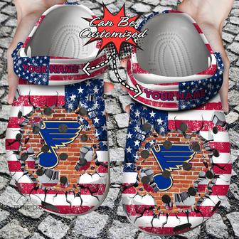 Hockey Personalized St Louis Blues American Flag Breaking Wall Clog Shoes | Favorety CA