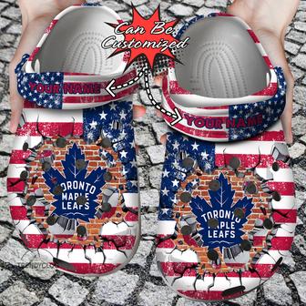 Hockey Personalized Tmaple Leafs American Flag Breaking Wall Clog Shoes - Monsterry