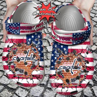 Hockey Personalized Wcapitals American Flag Breaking Wall Clog Shoes - Monsterry