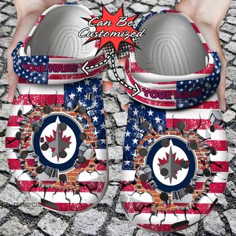 Hockey Personalized Wjets American Flag Breaking Wall Clog Shoes - Monsterry