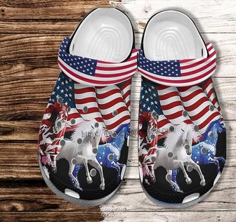 Horses America Flag Croc Shoes Gift Men Women- Horses White Blue Red 4Th Of July Shoes Croc Clogs - Monsterry