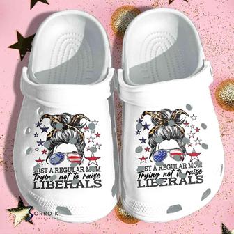 Leopard Woman Messy Buns Just A Regular Mom Usa Flag 4Th Of July Crocband Clogs - Monsterry CA