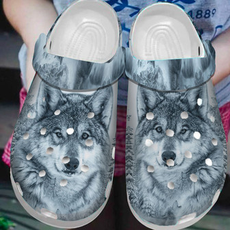 Native American Wihte Wolf Clog Clog Shoes For Kid And Adult - Monsterry