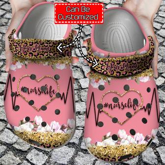 Nurse Personalized Nurse Life Heart Glitter Leopard Clog Shoes - Monsterry
