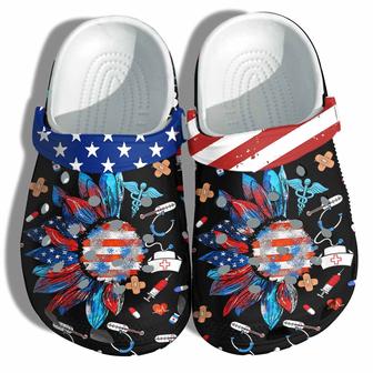 Nurse Sunflower 4Th Of July Black Croc Shoes Gift Step Mom- Nurse Life America Flag Us Doctor Shoes Labor Day Gift - Monsterry AU