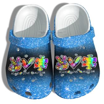 Peace Love Autism Blue Twinkle Shoes - Rainbow Puzzel Love Shoes Croc Clogs Gift - Monsterry