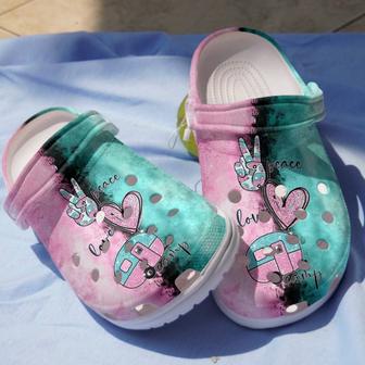 Peace Love Camping Shoes - Hand Heart Bus Clogs - Monsterry
