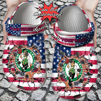 Personalized Name Logo Basketball Team American Flag Breaking Wall Clog Shoes - Monsterry