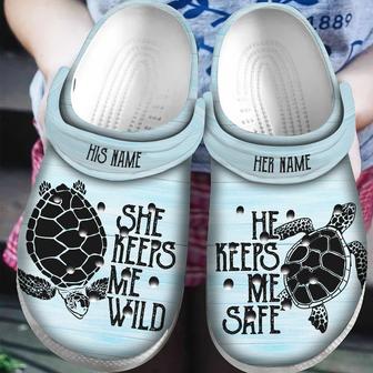 Personalized She Keeps Me Wild He Keeps Me Safe Turtle Couple Classic Clog Shoes - Monsterry AU