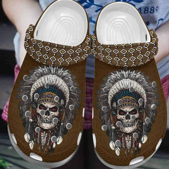Scary Skull Native America Clog Shoesshoes Native Tattoo Skull Shoes Clogbland Clog Birthday Gifts For Men Friends Son - Monsterry