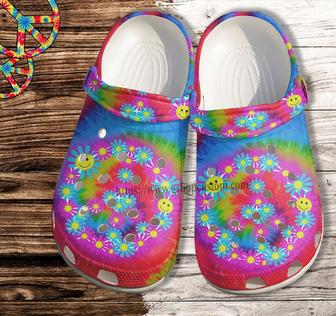 Smile Hippie Daisy Flower Rainbow Croc Shoes- Hippie Peace Beach Shoes Croc Clogs - Monsterry DE