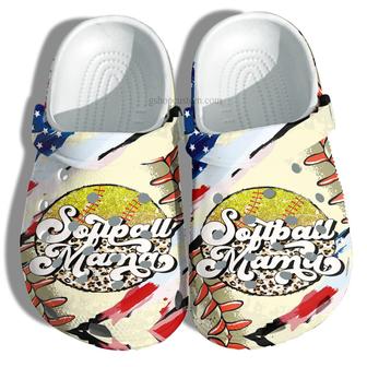 Softball Mama Twinkle Croc Shoes Leopard America Flag Style - Softball 4Th Of July Shoes Gift Birthday Mom - Monsterry UK