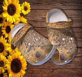 Sunflower Just Breathe Croc Shoes Gift Grandma- Peaceful Just Breathe Shoes Croc Clogs - Monsterry UK
