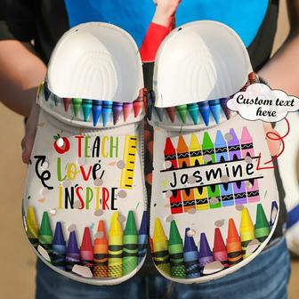 Teach Love Inspire Crayon Pencils Teacher Custom Name Crocband Clog Shoes For Men Women - Monsterry AU