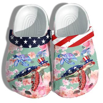 Turtle Flower 4Th Of July Shoes Gift Women - Baby Sea Turtle Cherry Blossom America Flag Shoes Birthday Gift - Monsterry