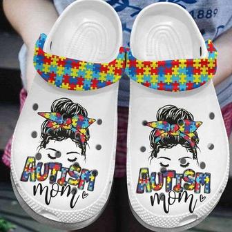 Autism Awareness Day Autism Mom Puzzle Messy Bun Crocband Clog Shoes - Monsterry
