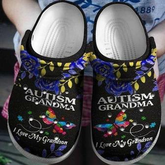 Autism Grandma I Love My Grandson Butterfly Personalized 202 Gift For Lover Rubber Clog Shoes Comfy Footwear - Monsterry