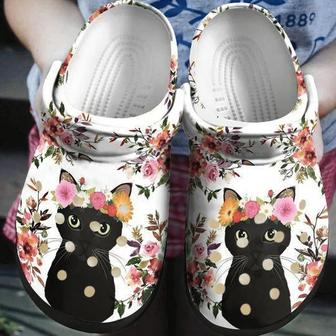 Black Cat Flower Personalized 6 Gift For Lover Rubber Clog Shoes Comfy Footwear - Monsterry