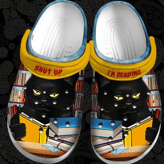 Black Cat Love Read Shut Up Rubber Clog Shoes Comfy Footwear - Monsterry DE