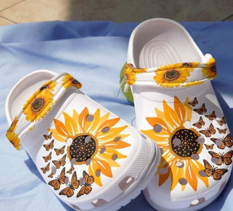 Butterflies Hippie Sunflowers Gift Hippie Girl Shoes Rubber Clog Shoes Comfy Footwear - Monsterry