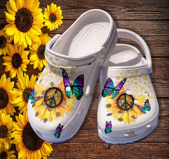 Butterfly Sunflower Peace Clog Shoes Gift Grandma- Sunflower Hippie Peace Shoes Clog Clogs Customize Gift - Monsterry