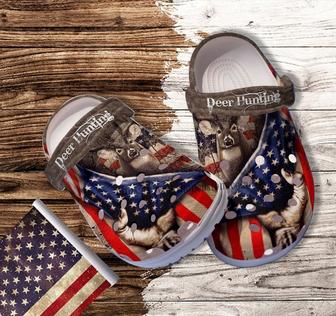 Deer Hunting Behind America Flag Croc Shoes Gift Men Father Day- Deer Hunter Camping Shoes Croc Clogs Gift Uncle - Monsterry CA