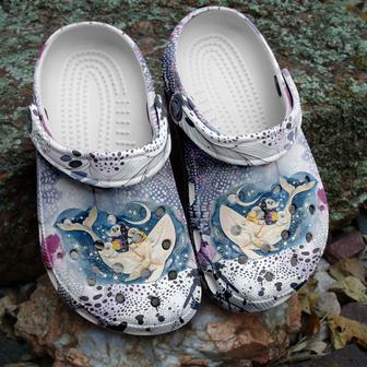 Hippie White Whale With Baby Seal Magic Ocean Shoes - Funny Cartoon Sea Shoes Crocbland Clog Birthday Gifts For Girl - Monsterry