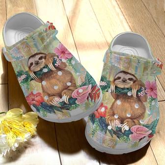 Lazy Sloth Loves Flower Shoes - Funny Animal Crocbland Clog Birthday Gift For Woman Girl Daughter Friend - Monsterry