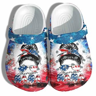 Mama America 4Th Of July Shoes Gift Women - Messy Bun Lady Mom America Flag Twinkle Mother Shoes Thanksgiving Gift - Monsterry CA