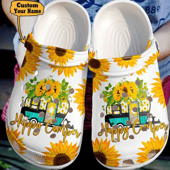 Personalized Camping - Happy Camper Sunflower Clog Shoes For Men And Women - Monsterry