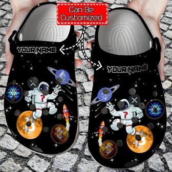 Personalized Spaceman Jumping Between Crypto Coins Clog Shoes Crypto | Favorety CA