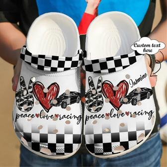 Racing Personalized Peace Love 102 Rubber Clog Shoes Comfy Footwear - Monsterry UK