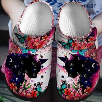 Romantic Black Cat Tropical Flower Gift For Lover Rubber Clog Shoes Comfy Footwear - Monsterry