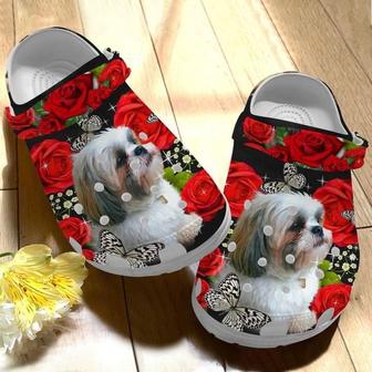 Shih Tzu Dog Roses Cute Gift For Lover Rubber Clog Shoes Comfy Footwear - Monsterry